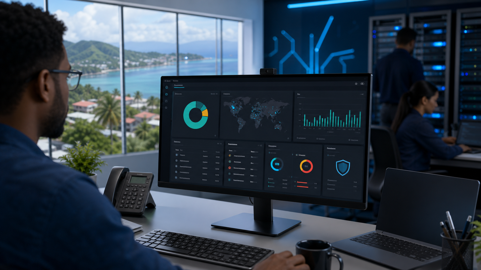 Managed IT network operations dashboard showing application traffic visibility and endpoint health