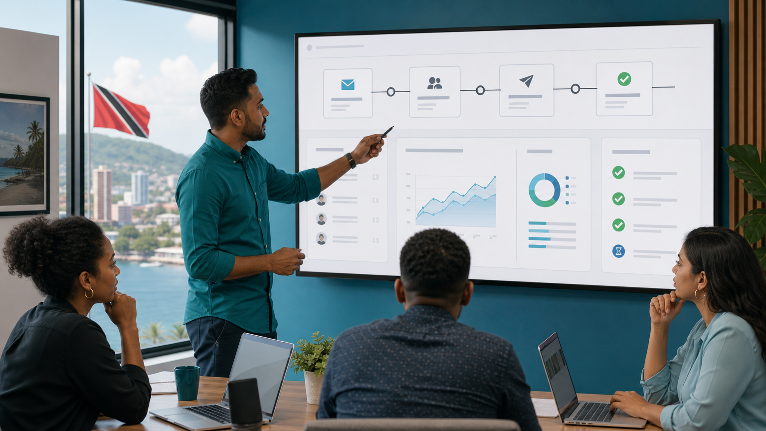 Small business marketing team reviewing an AI-assisted customer journey and email campaign workflow dashboard