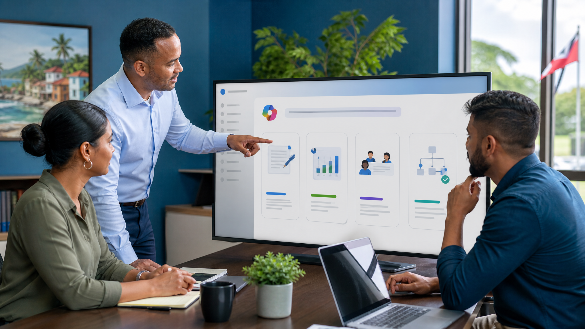 Small business team reviewing AI model choice workflow cards in a Microsoft 365-style office dashboard