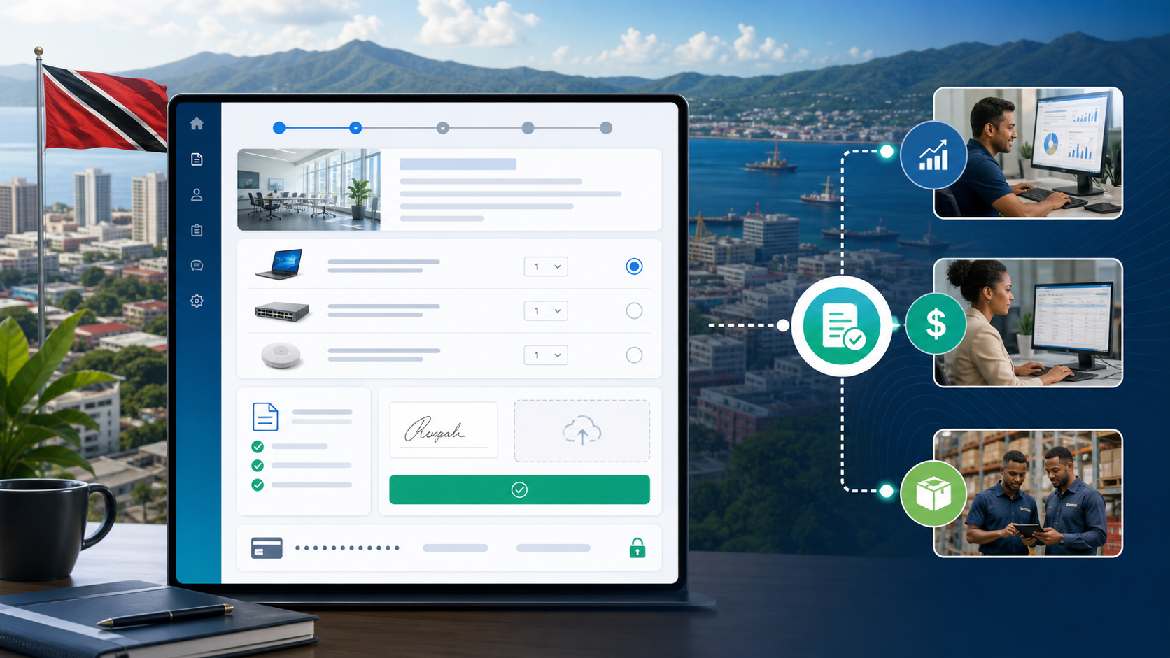 Modern customer quote page connected to sales, payment, approval, and fulfillment workflows in Trinidad and Tobago