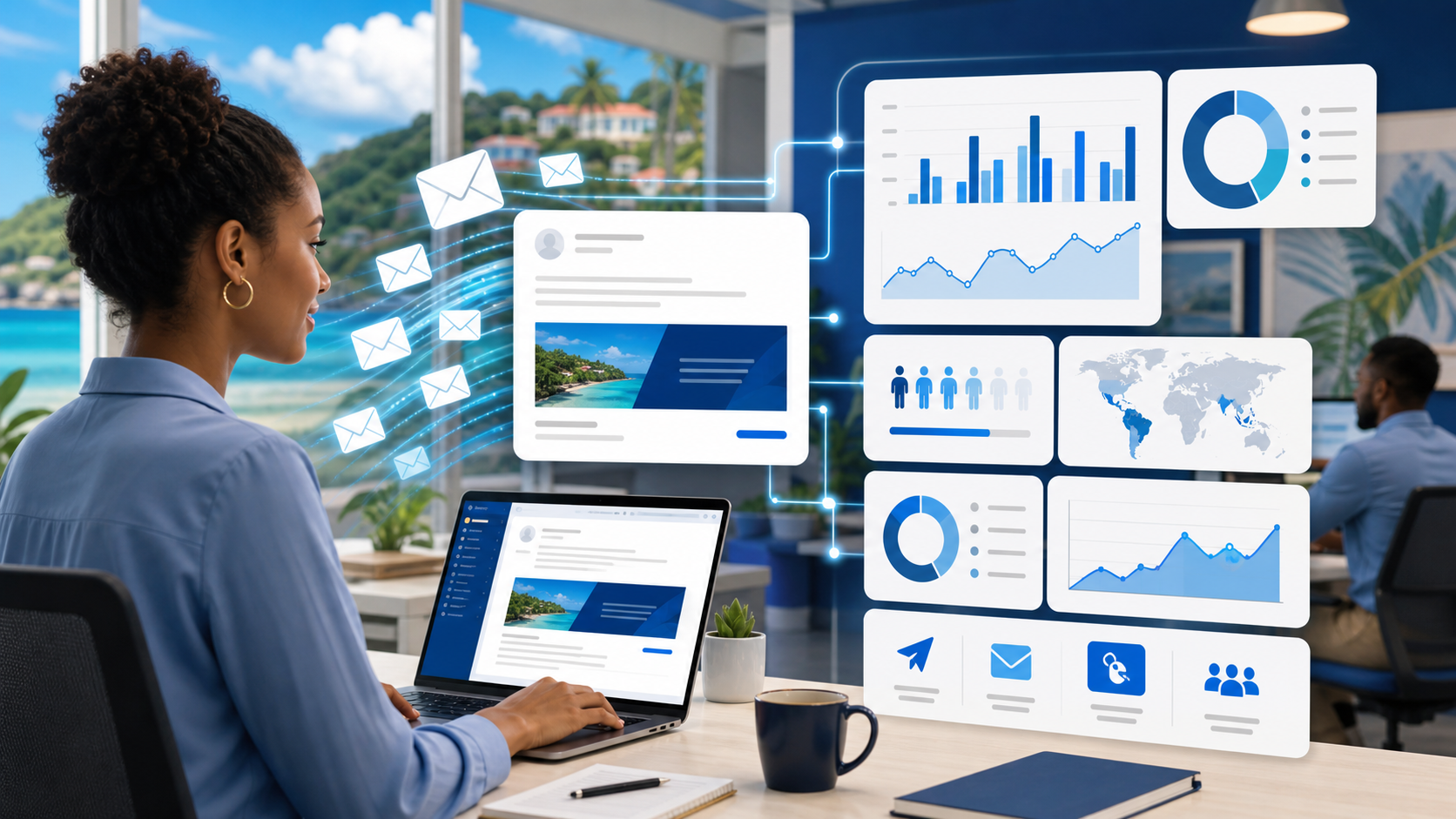 Abstract business email analytics dashboard with signature banner performance signals