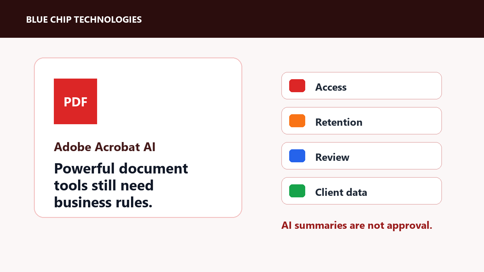 Adobe Acrobat AI document governance concept with access, retention, review, and client data controls