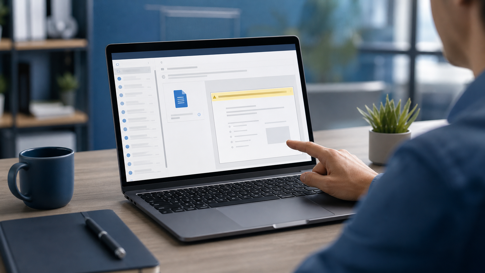 Office worker pausing before enabling editing on an email attachment on a laptop