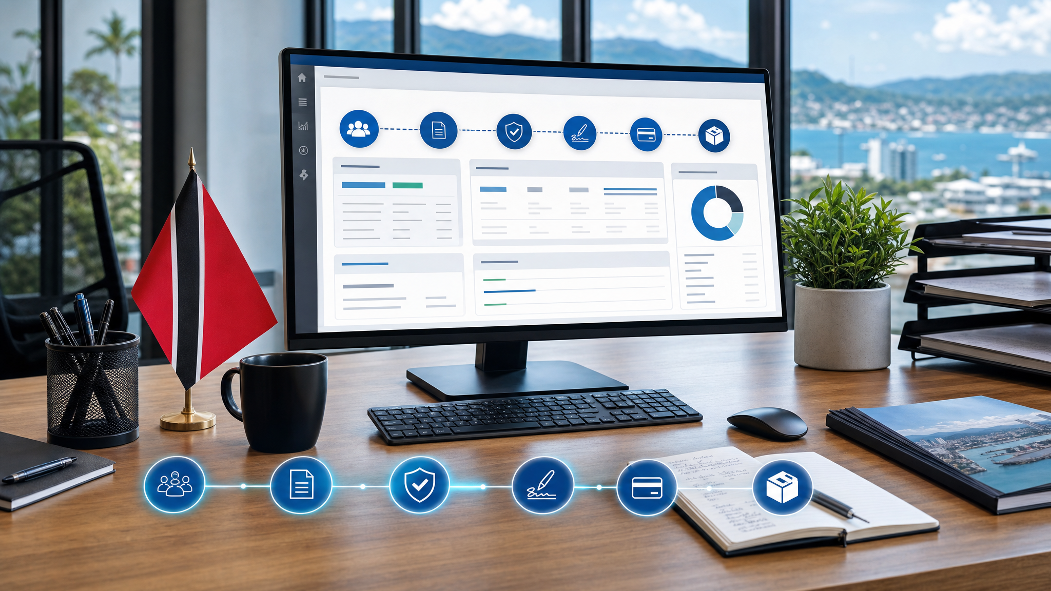 Sales quoting workflow dashboard connecting CRM, pricing approvals, signature, payment, and order handoff