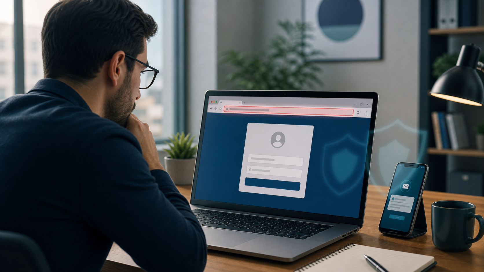 Office worker pausing before signing in on a laptop while checking a suspicious link