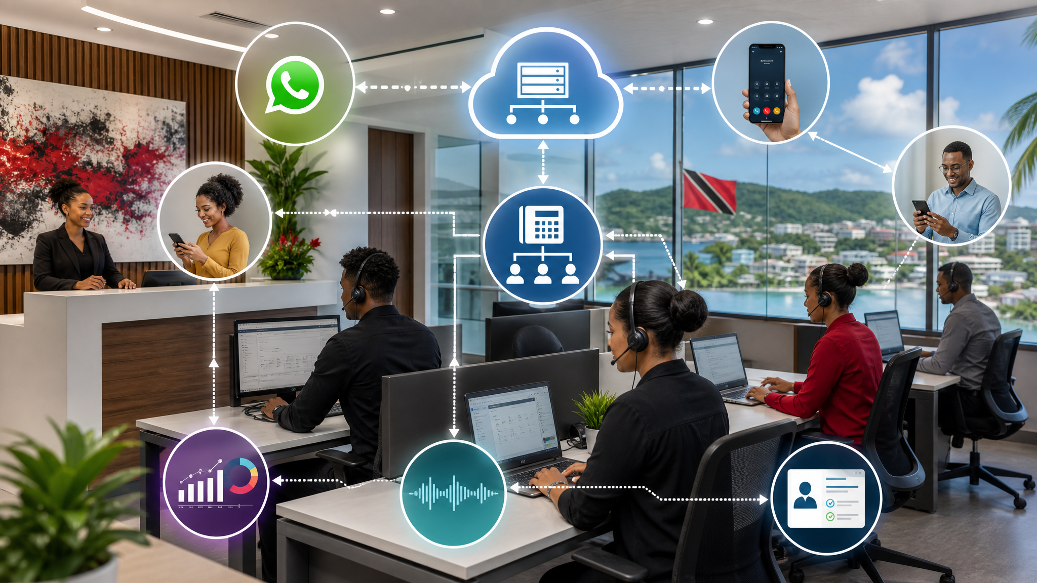 A modern office team handling WhatsApp and phone system calls through a unified communications dashboard