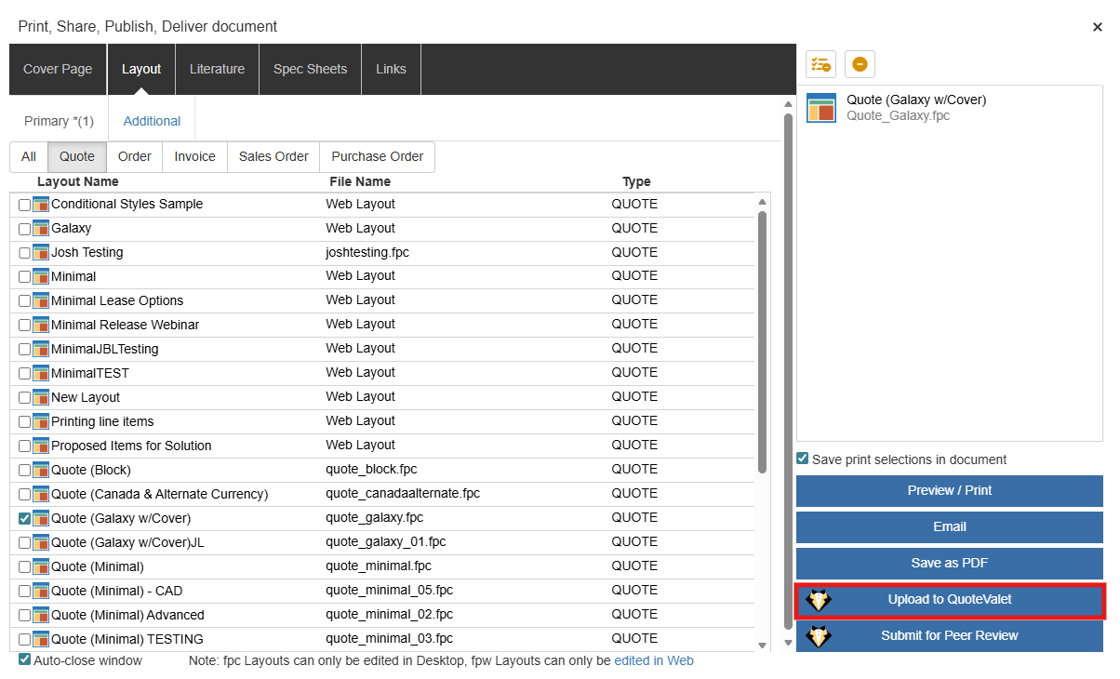 QuoteWerks delivery window for publishing a quote to QuoteValet
