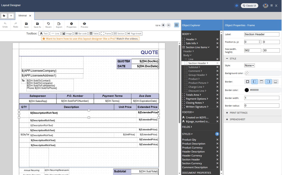 QuoteWerks Web Layout Designer for branded PDF quote output