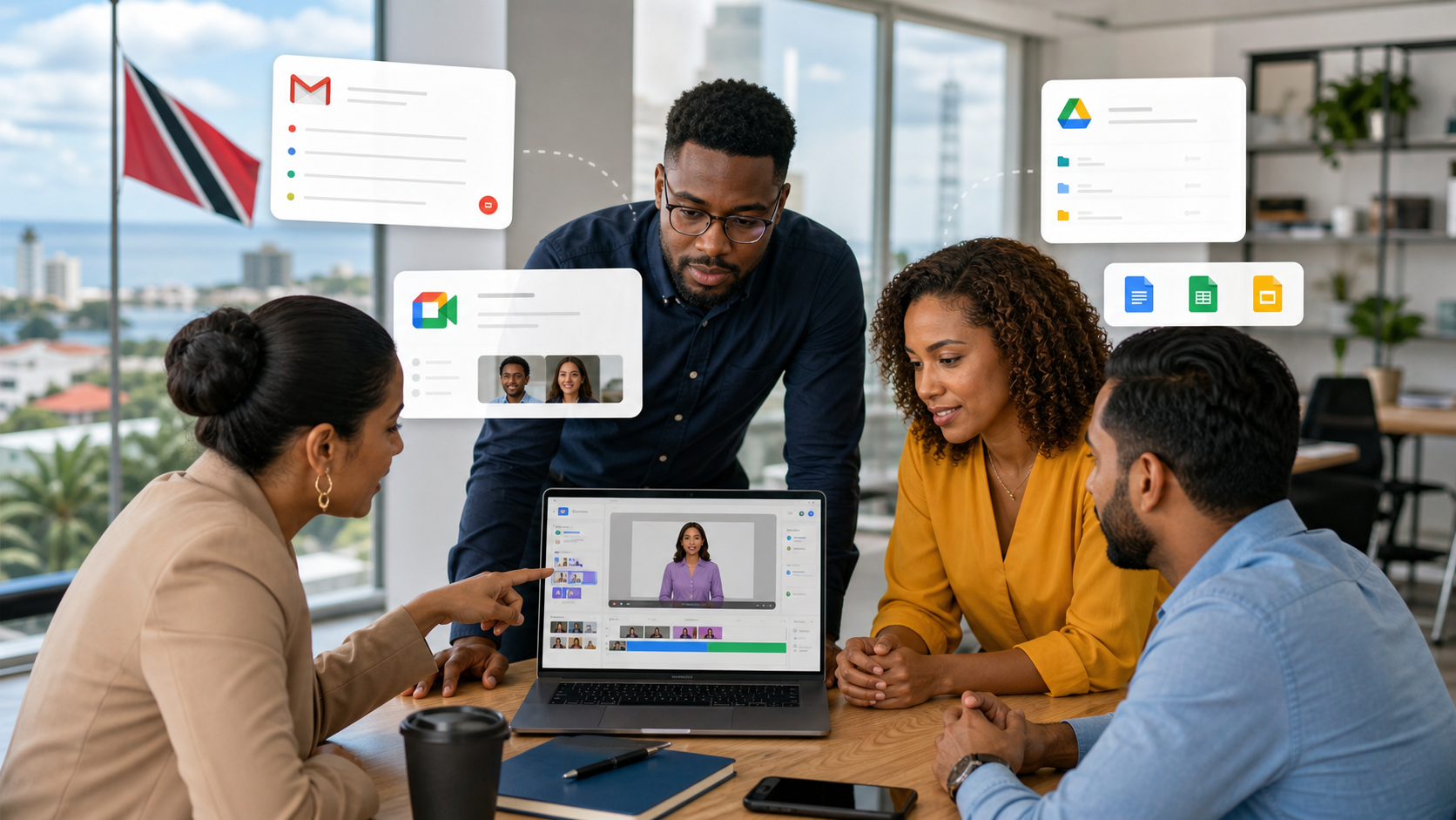 Business team using Google Workspace and AI-assisted video tools to create training content