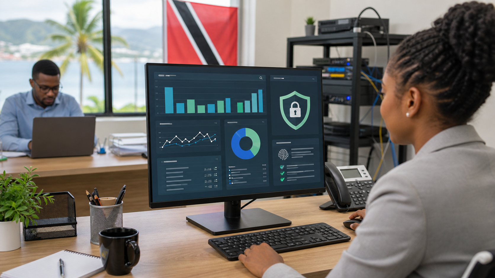 Small business office monitor showing managed email archiving and compliance search