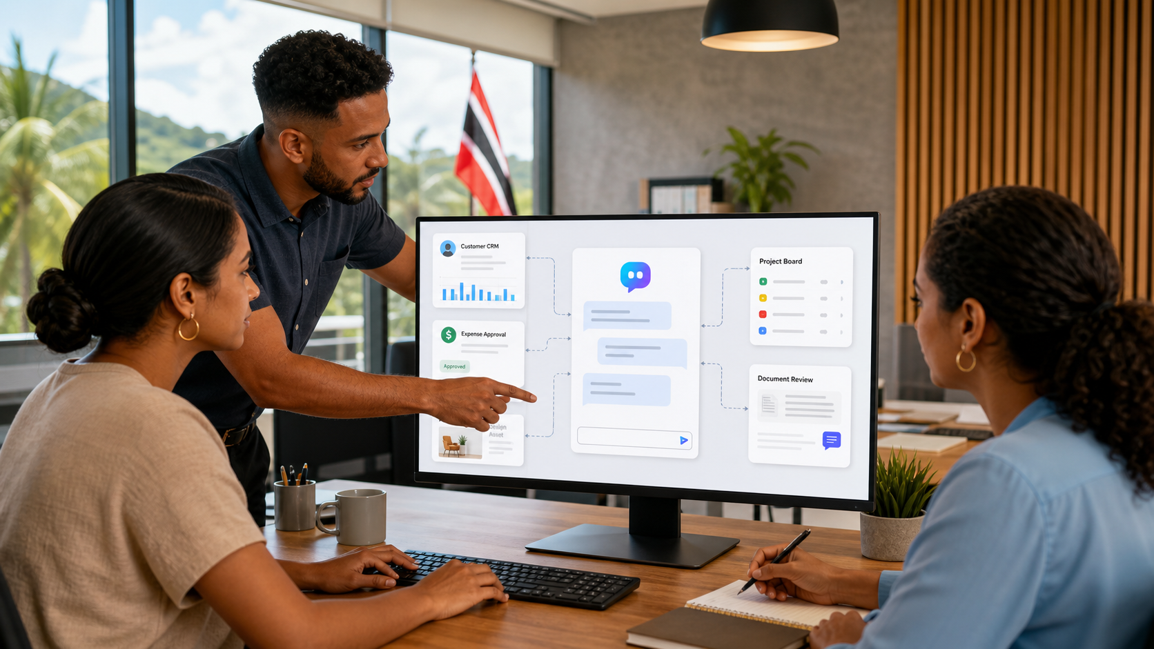 Small business team reviewing a governed multi-agent Microsoft 365 workflow