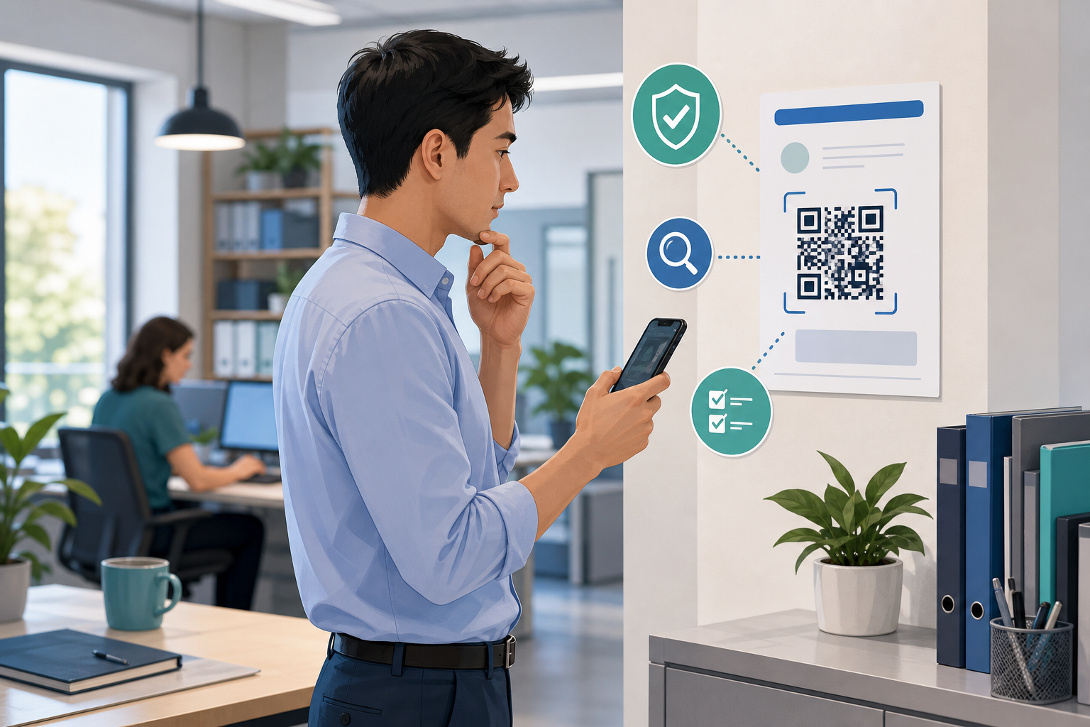 Office worker pausing before scanning a QR code and checking it on a smartphone