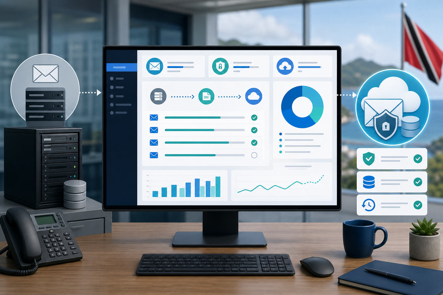 Managed email migration dashboard showing secure mailbox transfer backup and archiving