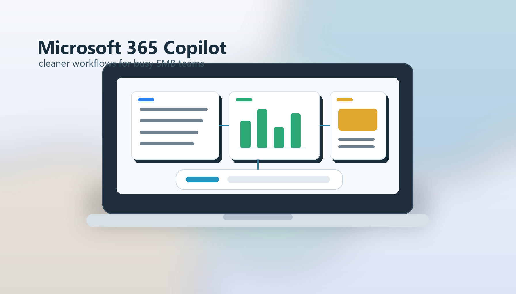Modern business workspace showing connected Microsoft 365 Copilot-style productivity workflows