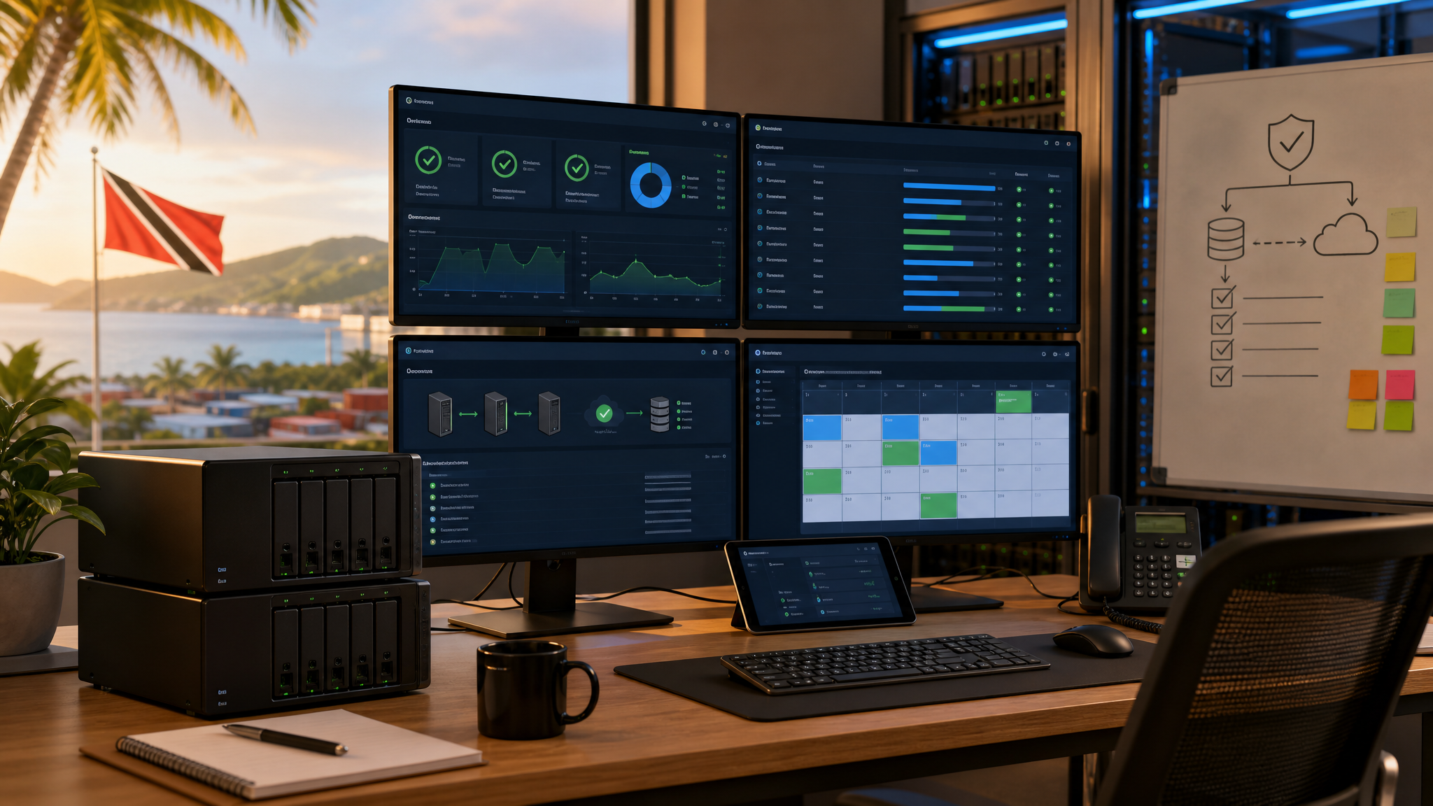 Managed NAS update dashboard showing storage health, backup status, and maintenance planning