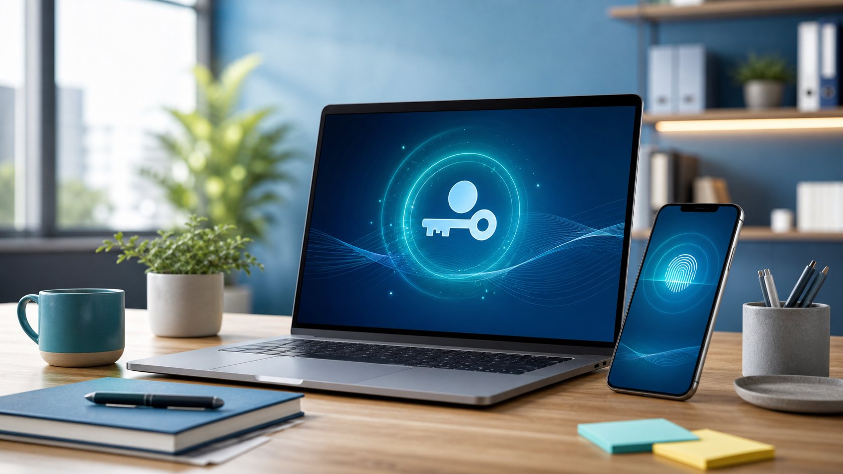 Business user signing in securely on a laptop and phone using a passkey on trusted devices