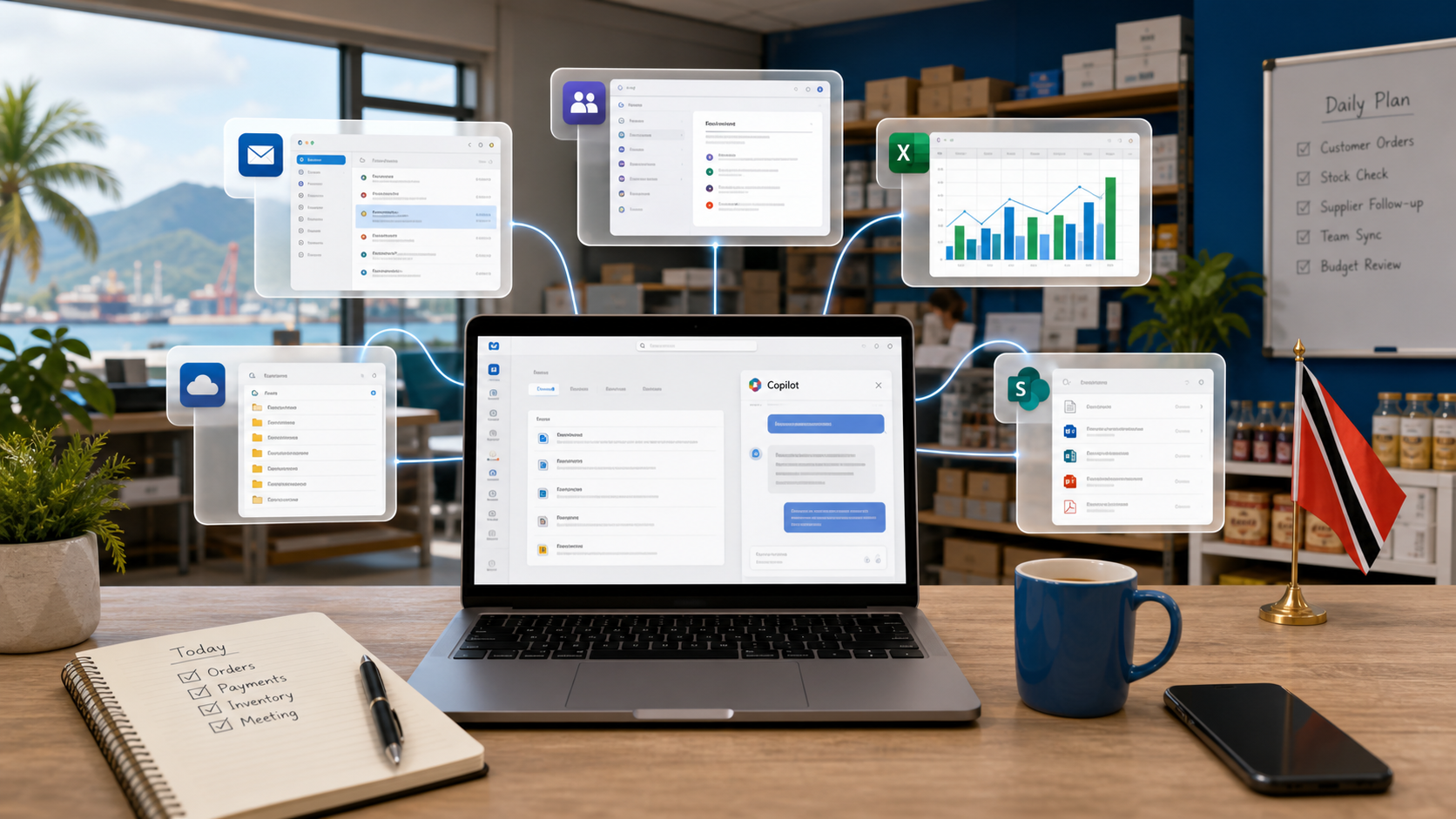 Microsoft 365 Copilot workflow dashboard for a small business team