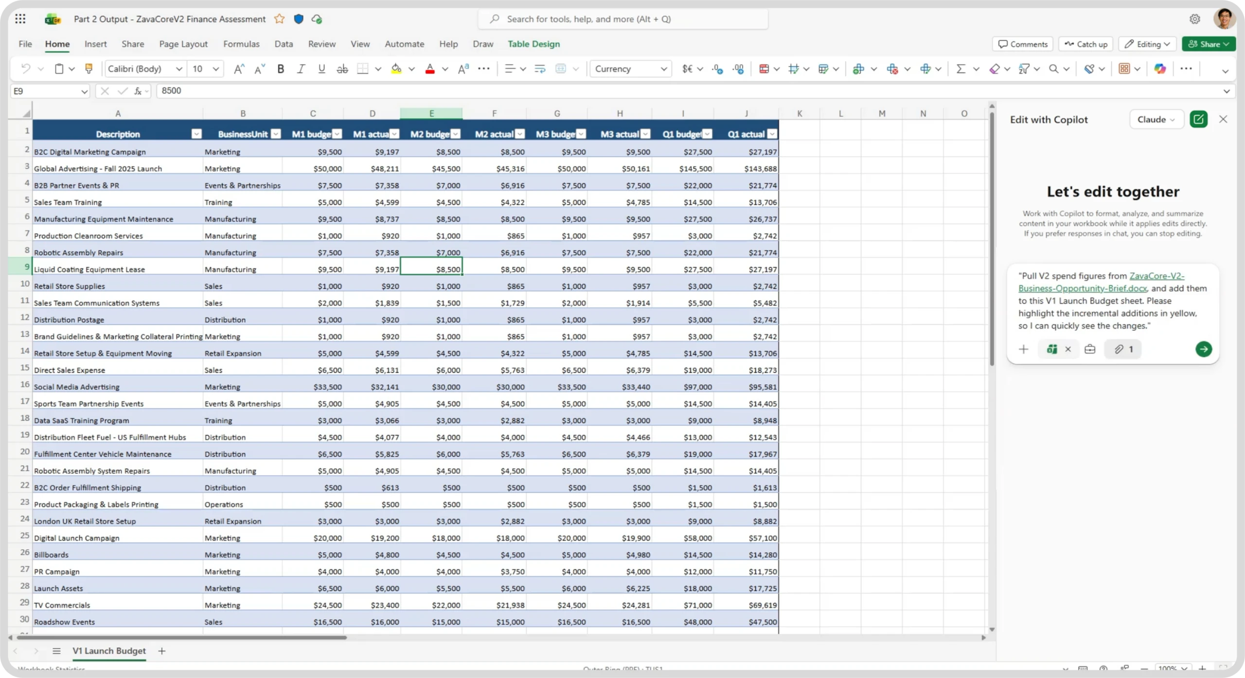 Microsoft Excel with Copilot assisting with financial spreadsheet updates