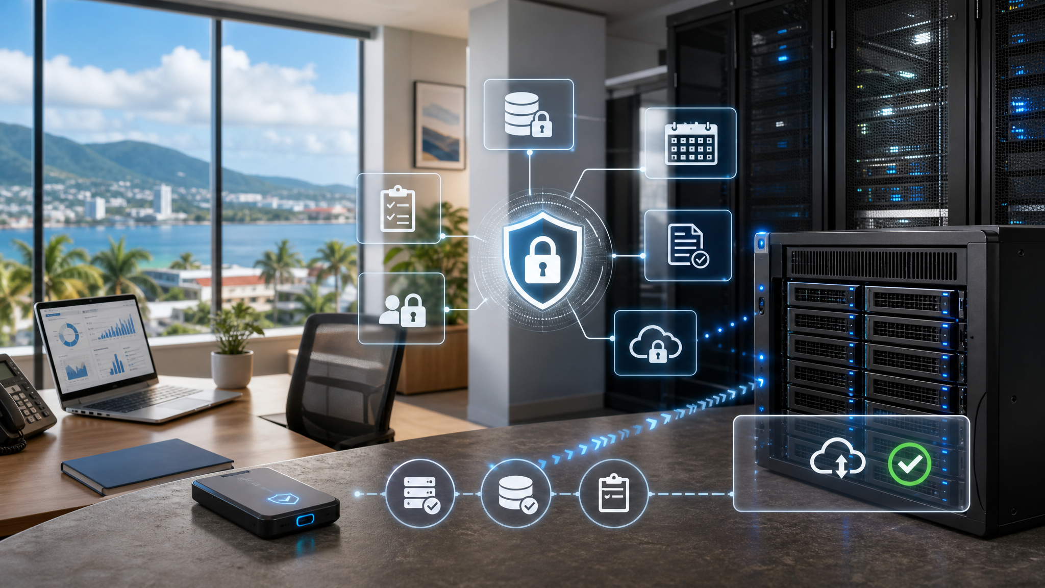 Secure server room representing data protection and backup compliance for Caribbean businesses