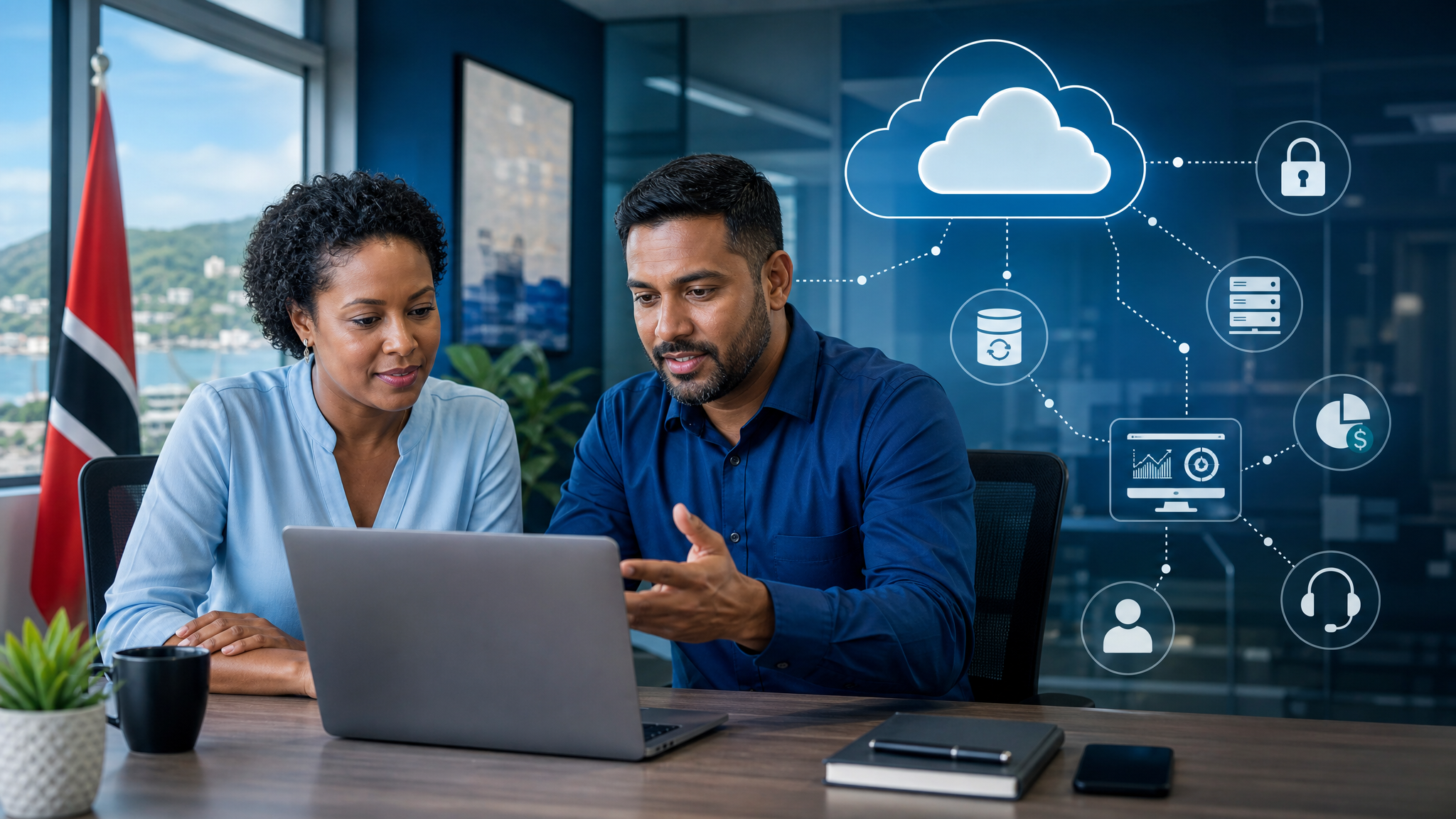Business team in Trinidad and Tobago reviewing cloud migration plans on a laptop