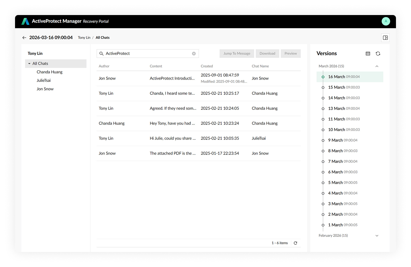 Synology ActiveProtect interface showing Microsoft Teams chat search and restore visibility