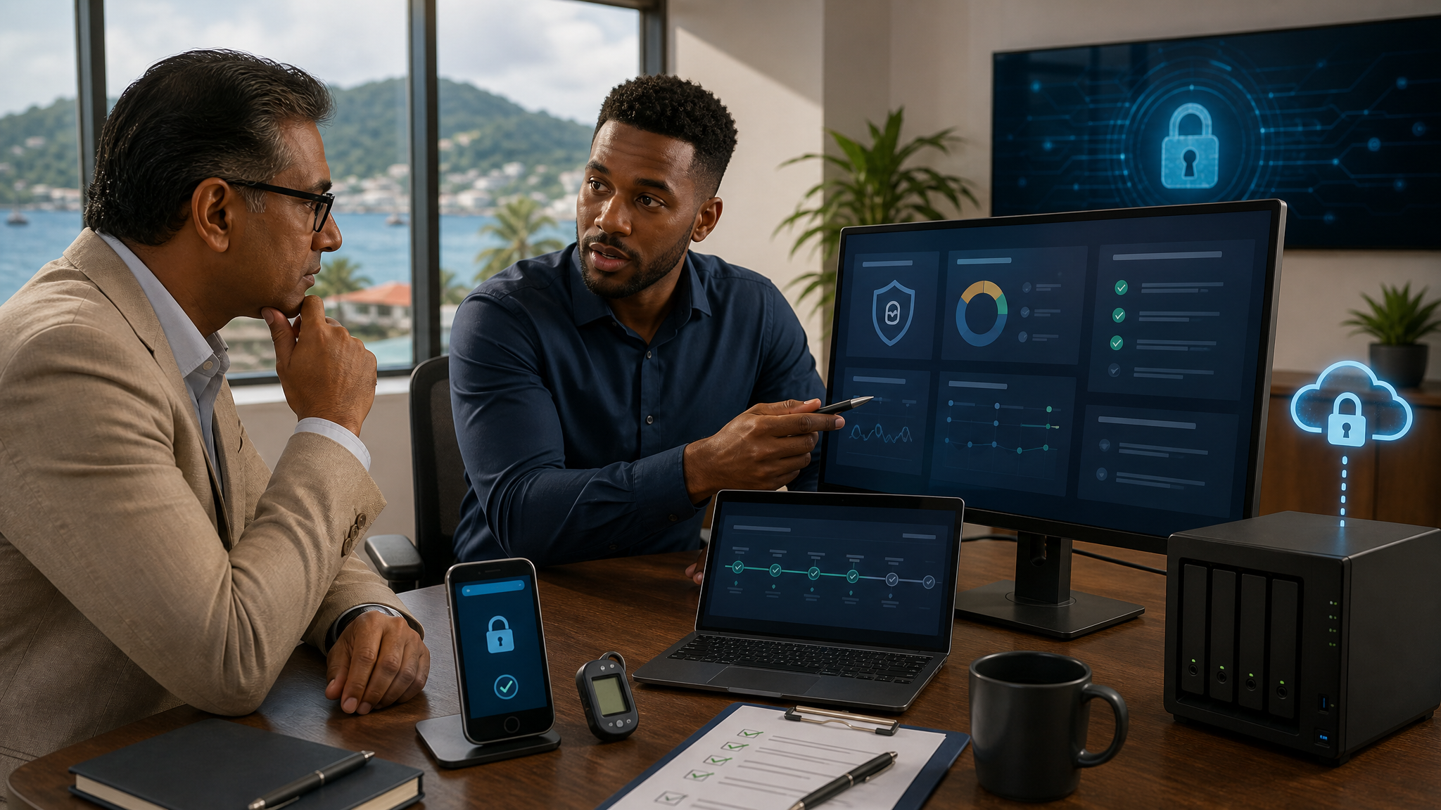 Business professional reviewing cybersecurity compliance checklist on laptop in Trinidad office