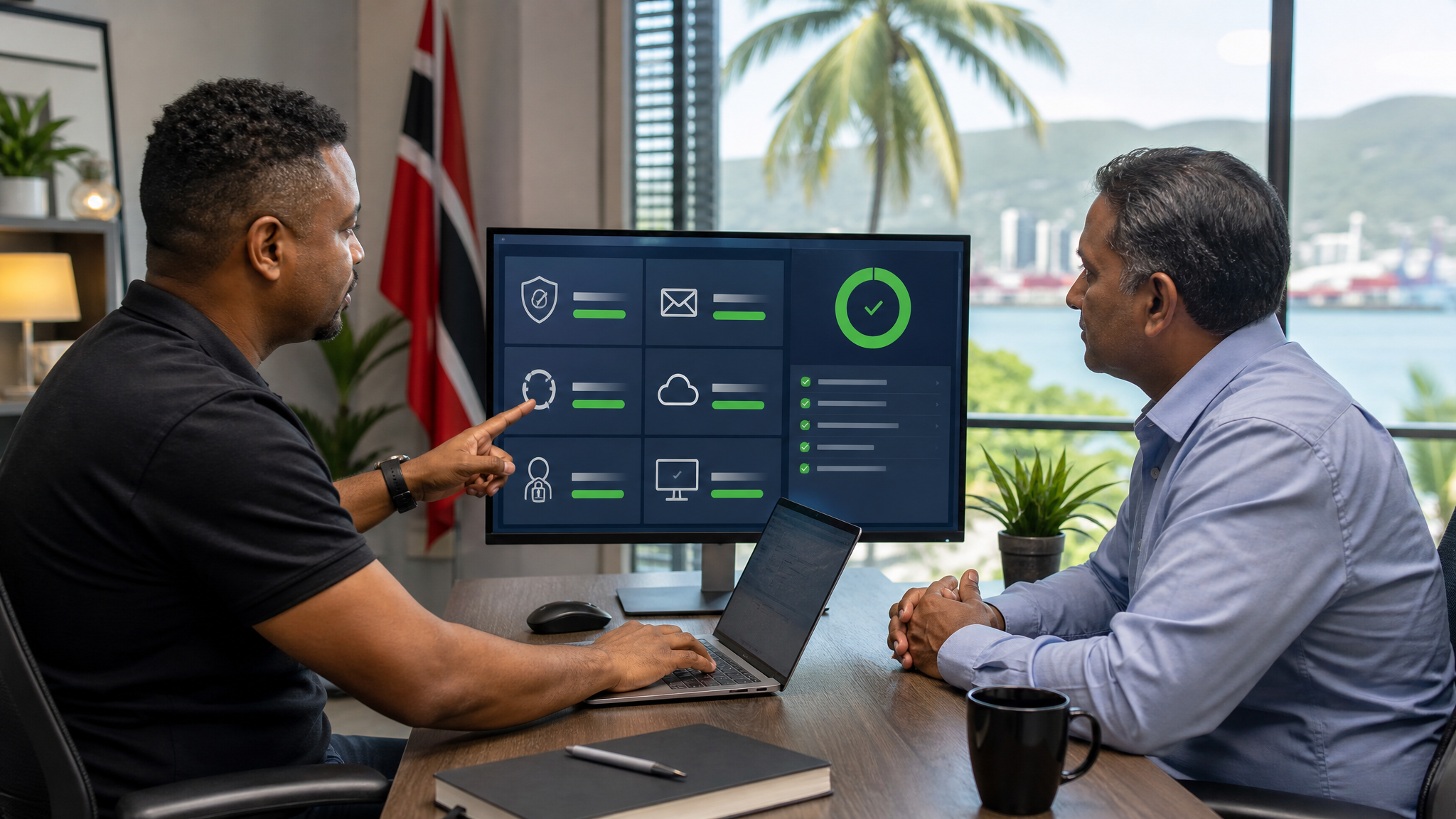 Small business team reviewing security controls on a whiteboard in a Trinidad office