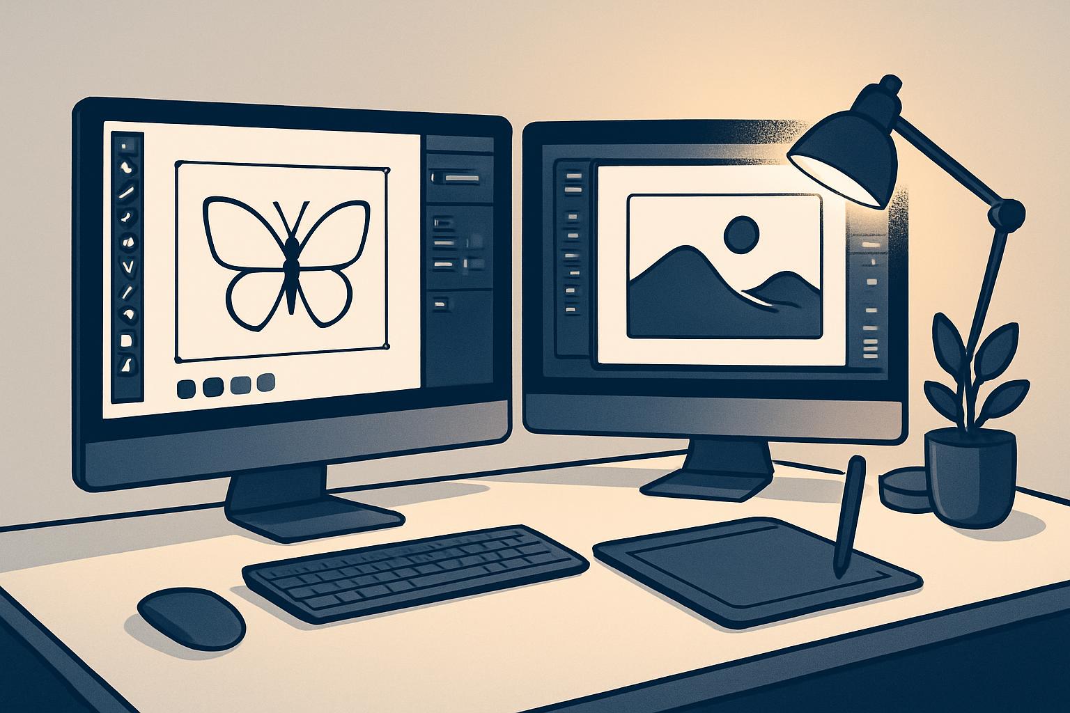 Modern creative workspace with dual monitors showing design software and photo editing tools