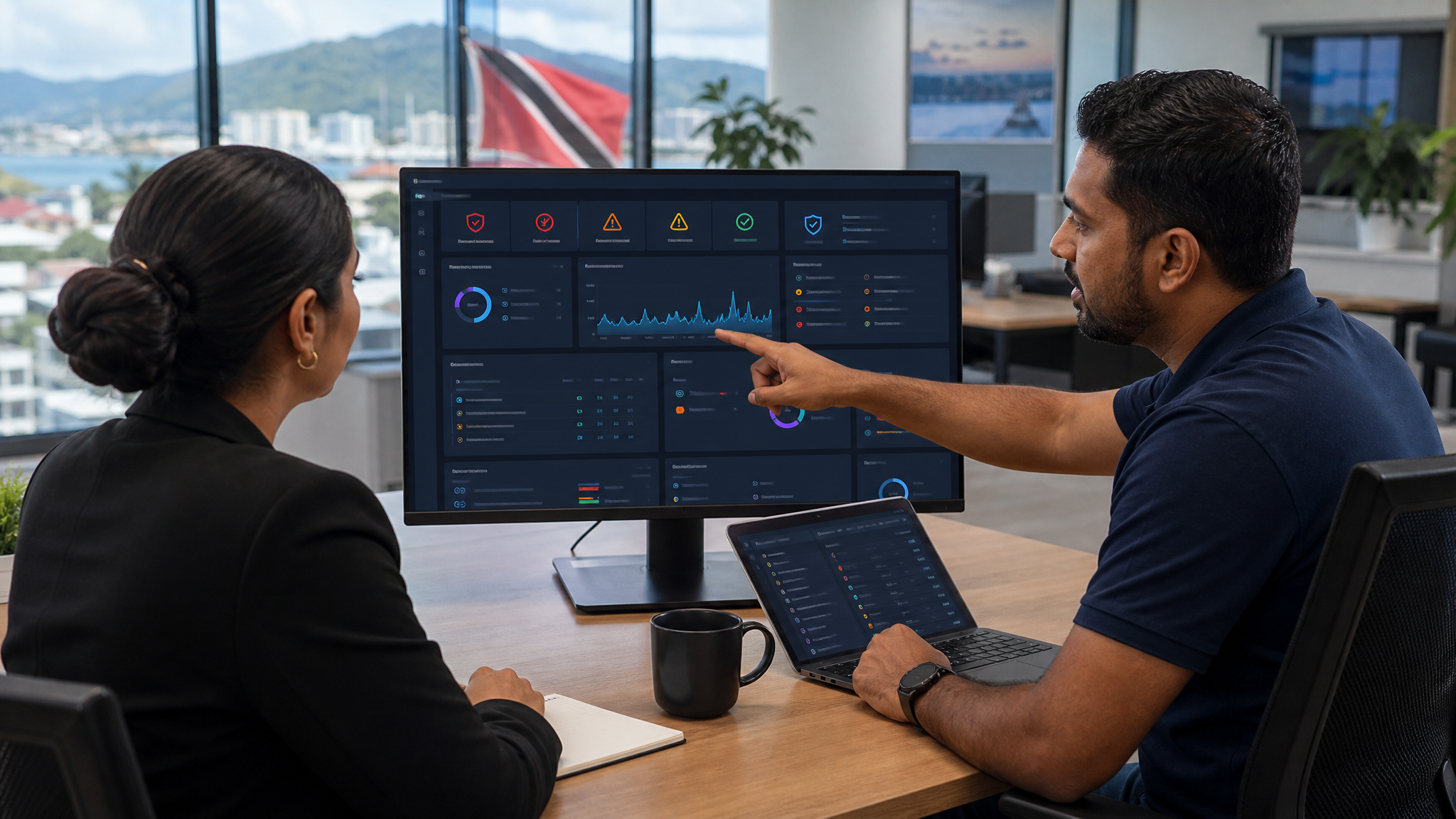 IT consultant reviewing security alerts and managed service reporting with a small business owner