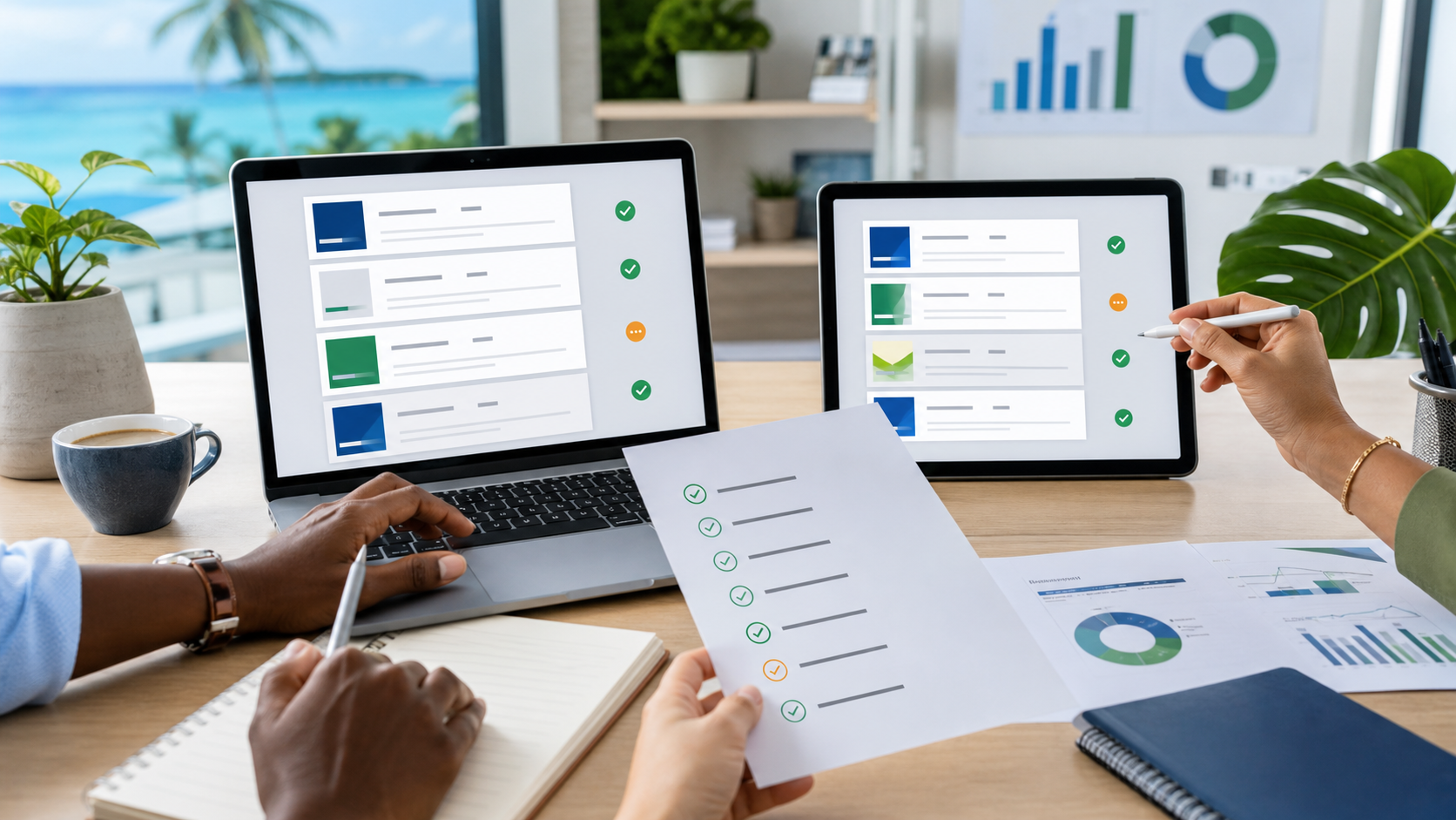 Business team reviewing email signature consistency and reporting dashboards