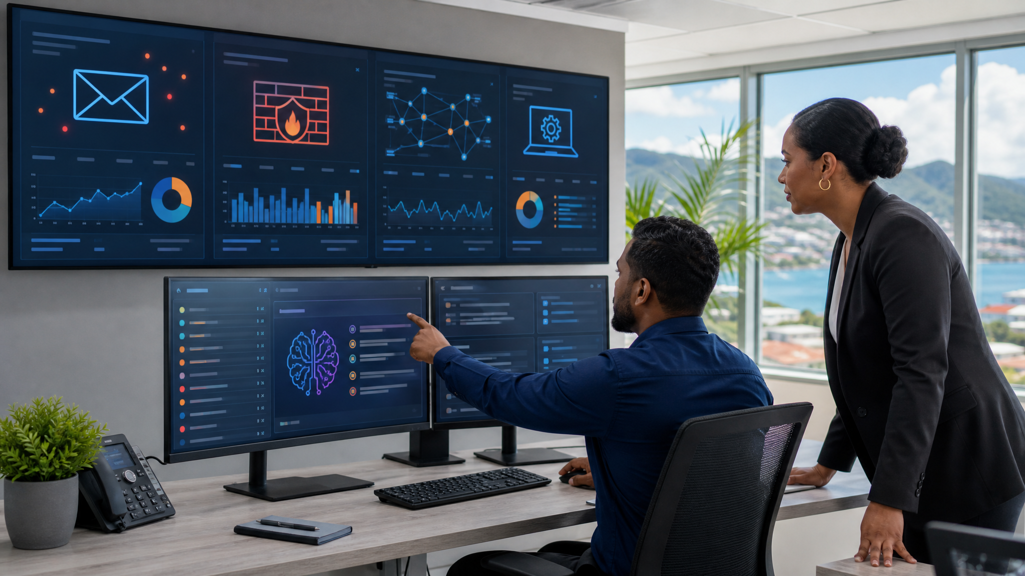 Managed IT technician reviewing AI-assisted security recommendations across email, firewall, network and endpoint dashboards