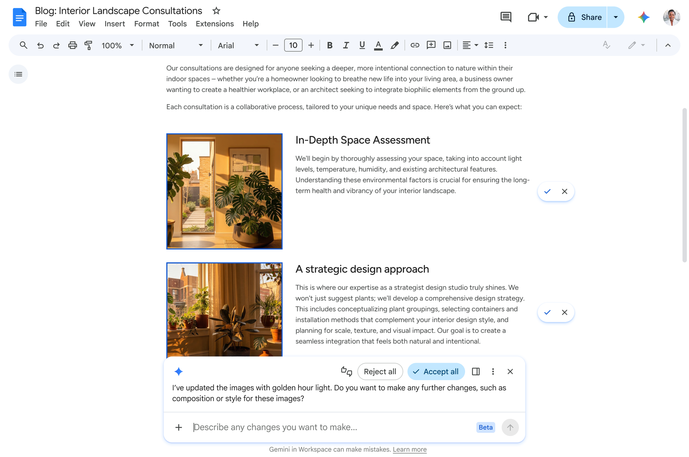 Gemini in Google Docs generating and refining document visuals
