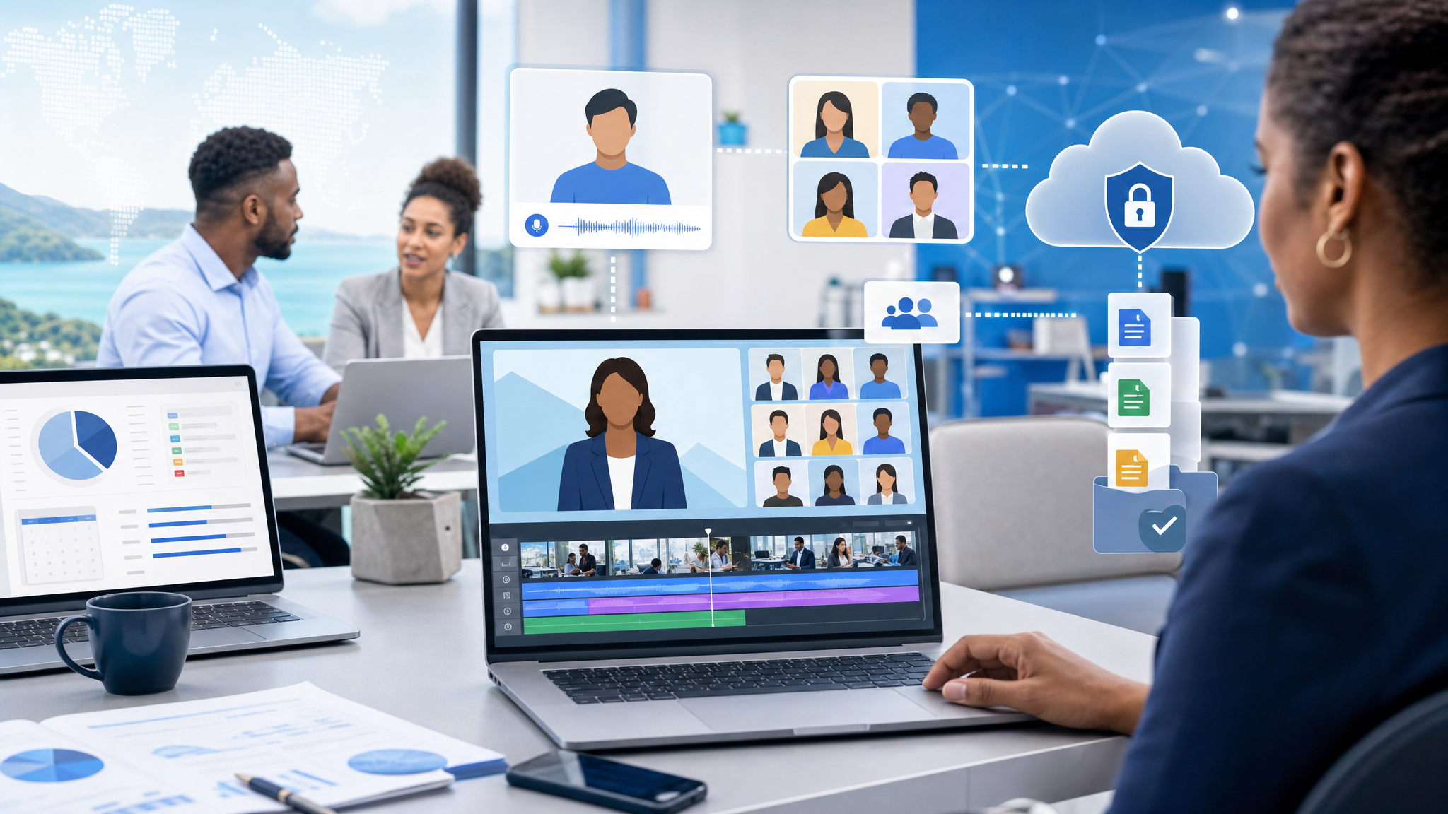 Business team using AI-assisted video workflow tools for training and client communication