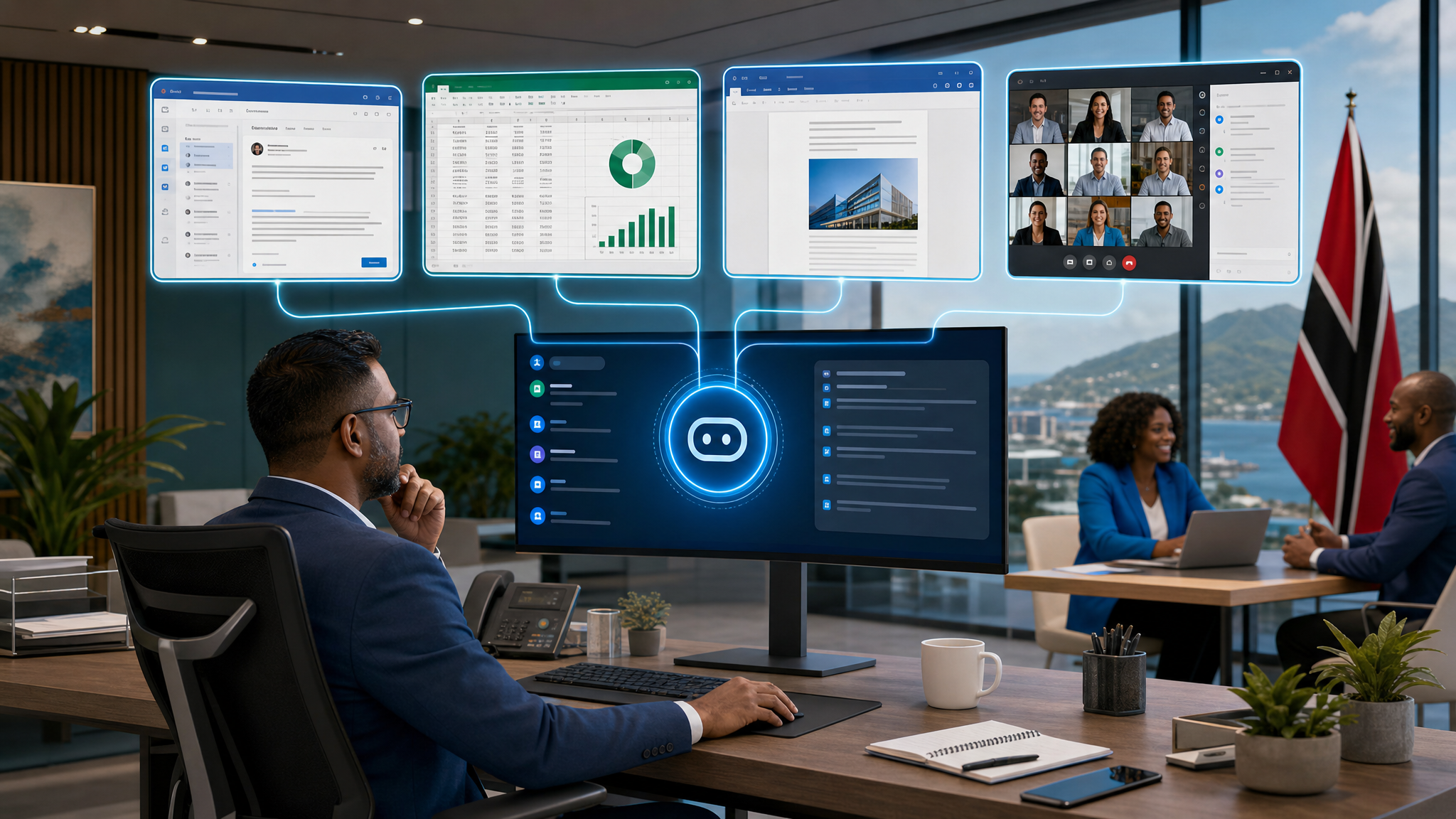 Microsoft 365 Copilot workflow interface for a Trinidad and Tobago SMB team
