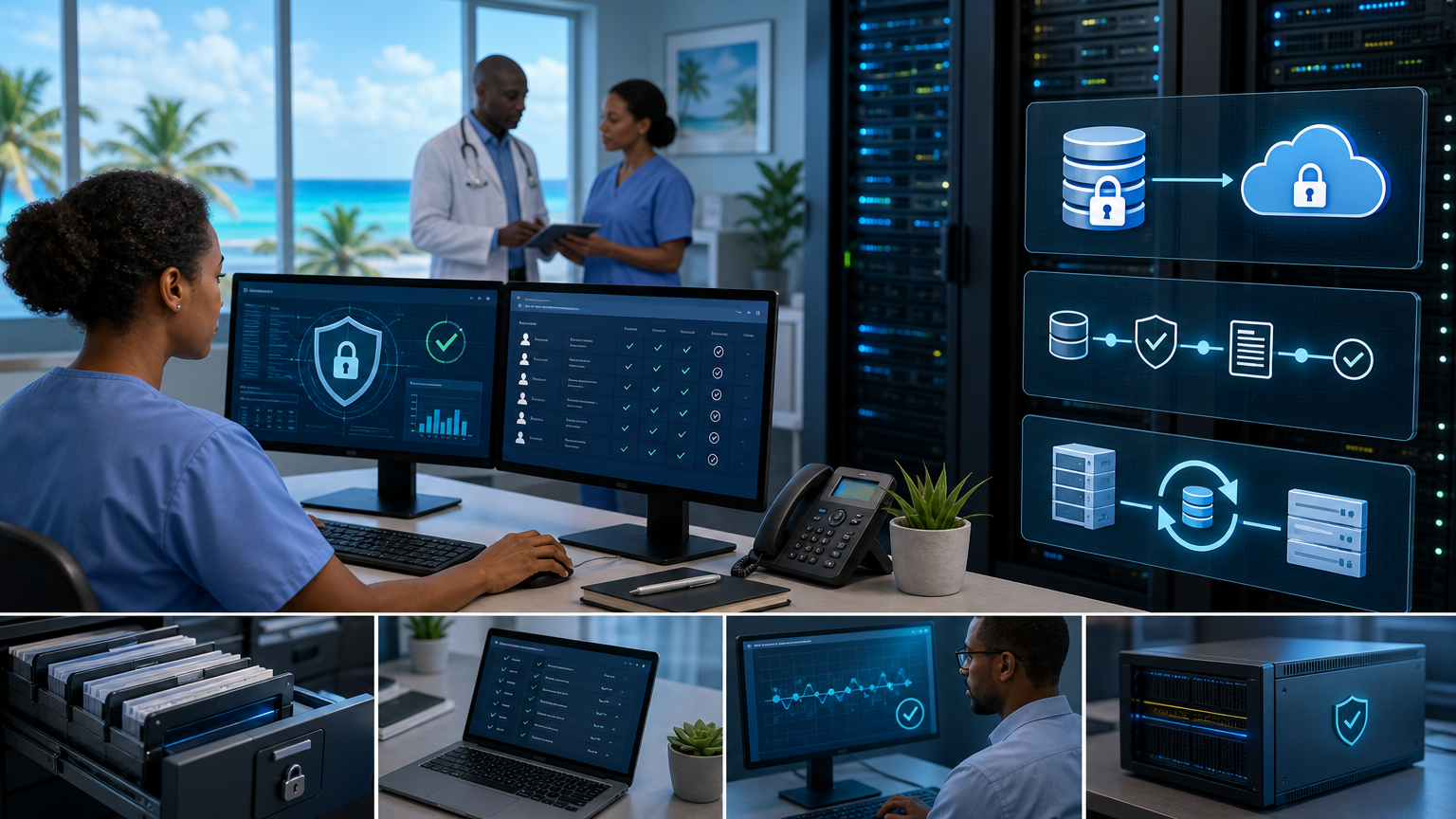 Secure healthcare data backup system with audit records and protected recovery storage