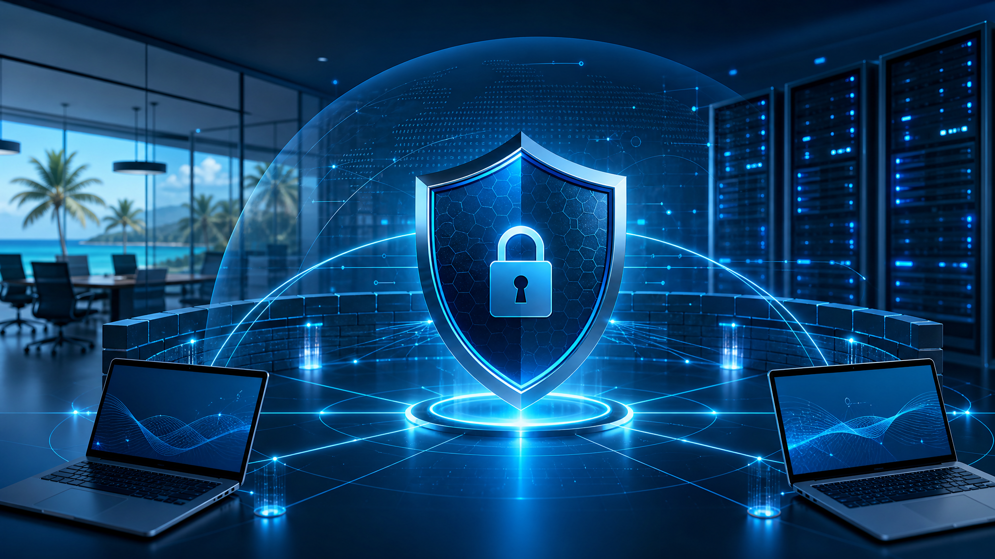 Abstract secure business network perimeter with shield and endpoints