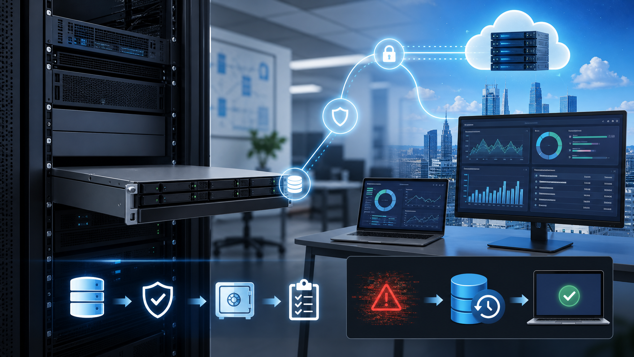 Mid-sized business server rack with a compact backup appliance and recovery dashboard
