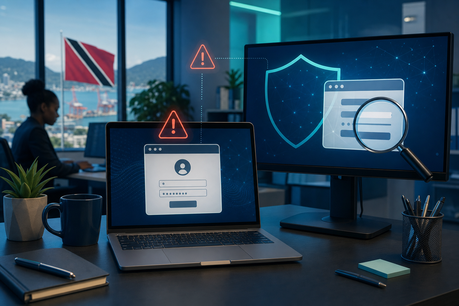 Abstract business technology security illustration with a browser window and shield motif