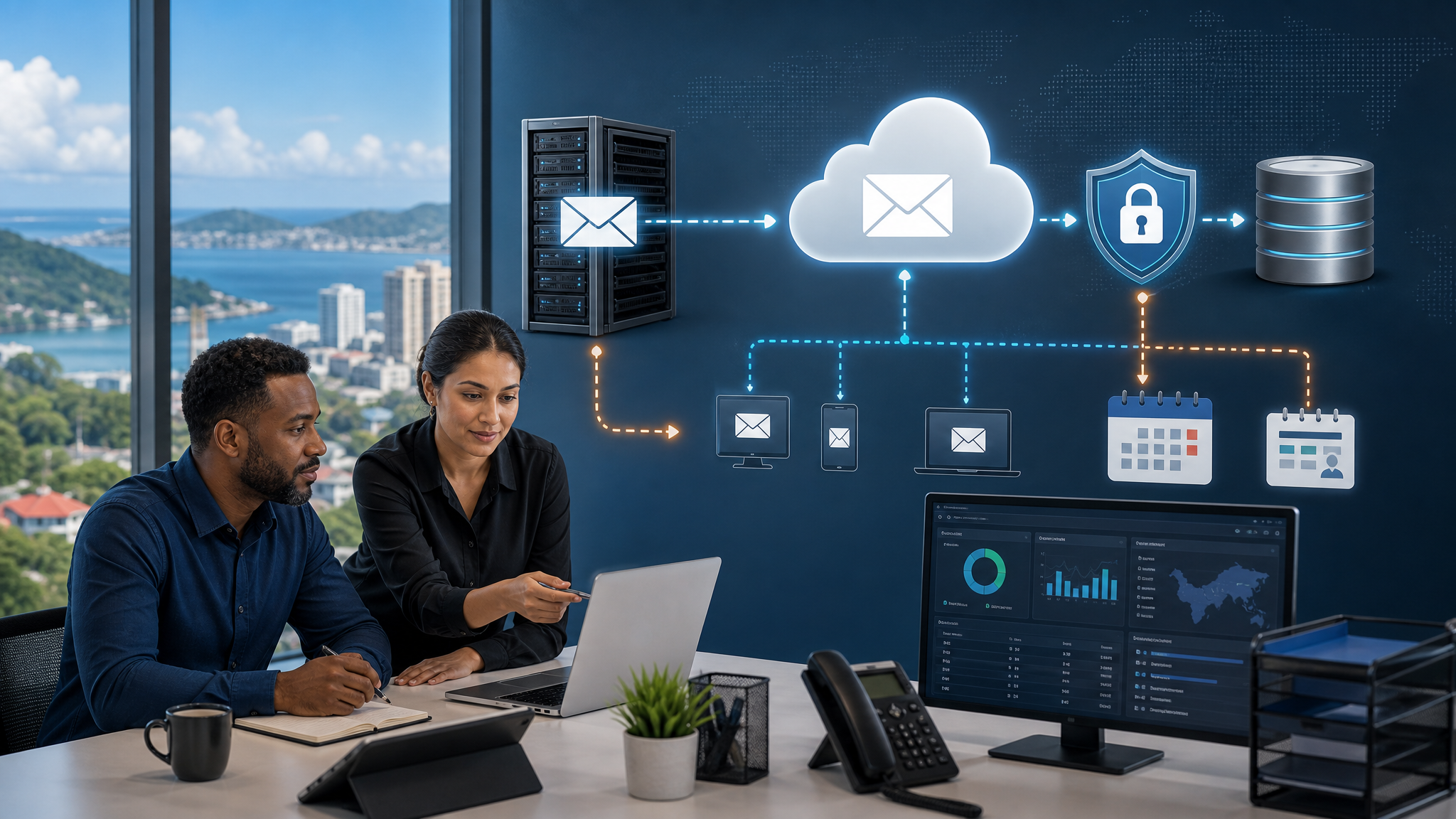 Abstract business email migration planning scene with secure server, cloud, backup, and calendar symbols