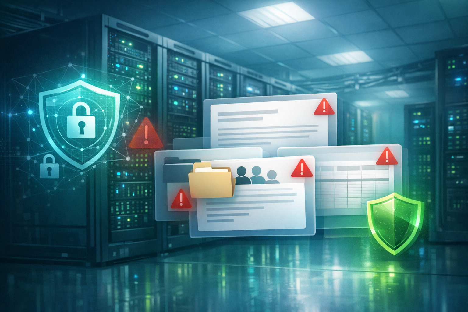 Abstract business cybersecurity illustration with SharePoint-style document collaboration and protected servers
