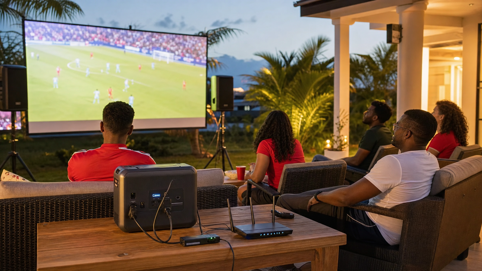 Outdoor World Cup watch party powered by a portable BLUETTI-style battery station, Wi-Fi router and speakers