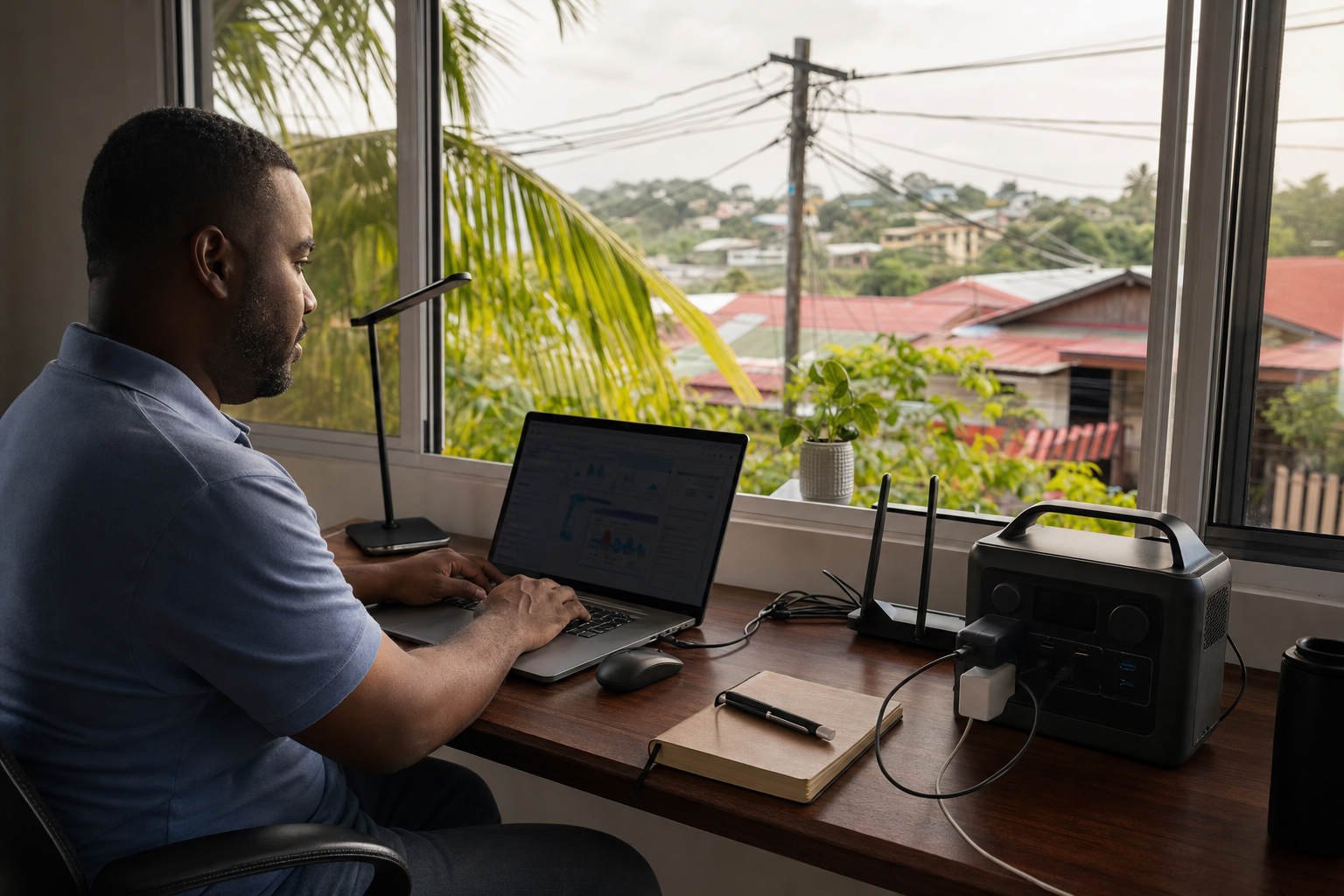 Laptop and router running on Bluetti backup power station during a T&T power cut