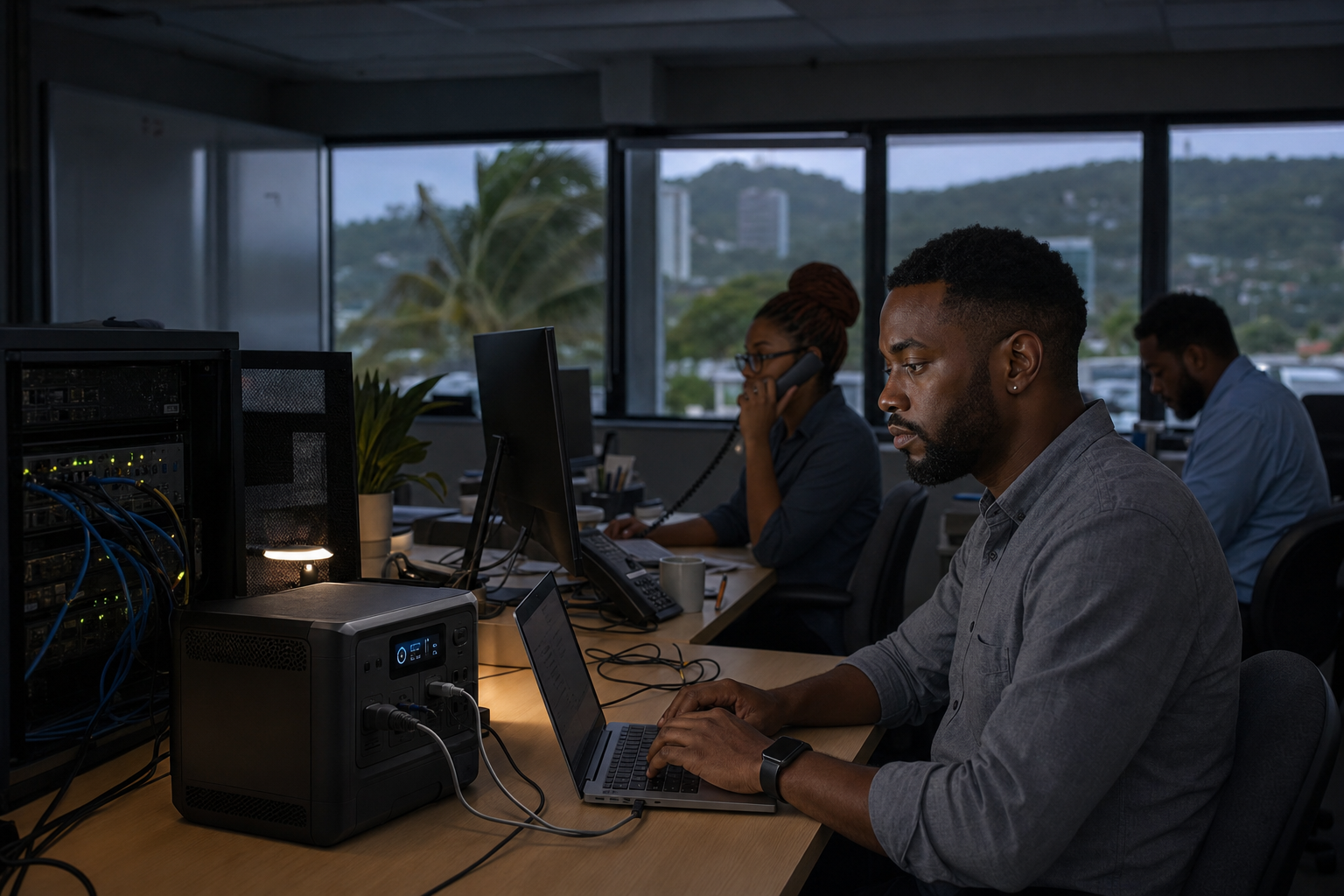 Office network and laptop equipment running on backup battery power during a power cut