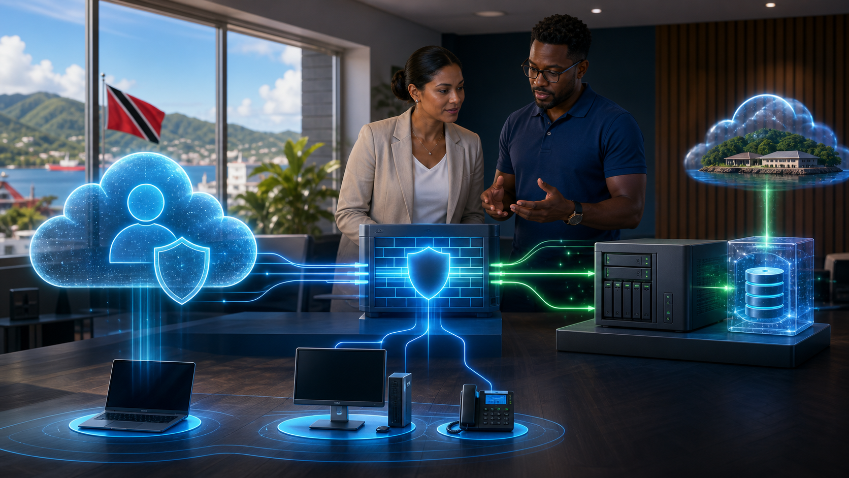 Business owner and IT specialist reviewing connected cloud identity, segmented network and protected backup layers