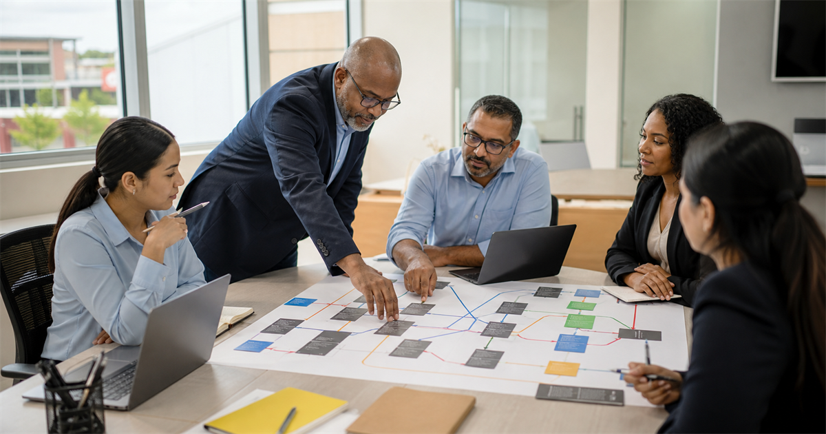 Mid-market business leaders and an IT consultant reviewing a systems integration plan in a Trinidad and Tobago office