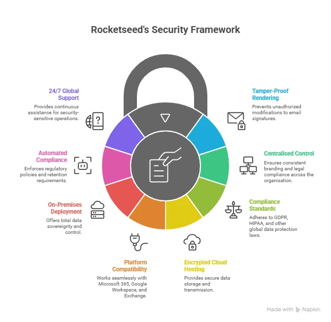 An infographic titled "Rocketseed's Security Framework" featuring a large padlock graphic surrounded by eight key security features: 24/7 Global Support, Automated Compliance, On-Premises Deployment, Platform Compatibility, Encrypted Cloud Hosting, Compliance Standards, Centralized Control, and Tamper-Proof Rendering.
