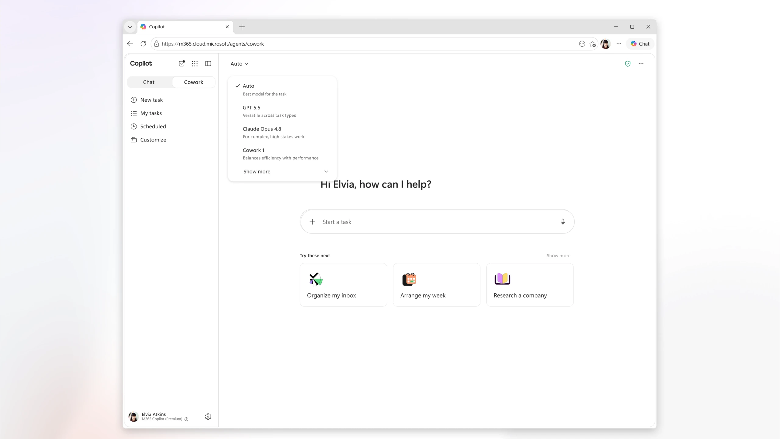Screenshot of Copilot Cowork dashboard