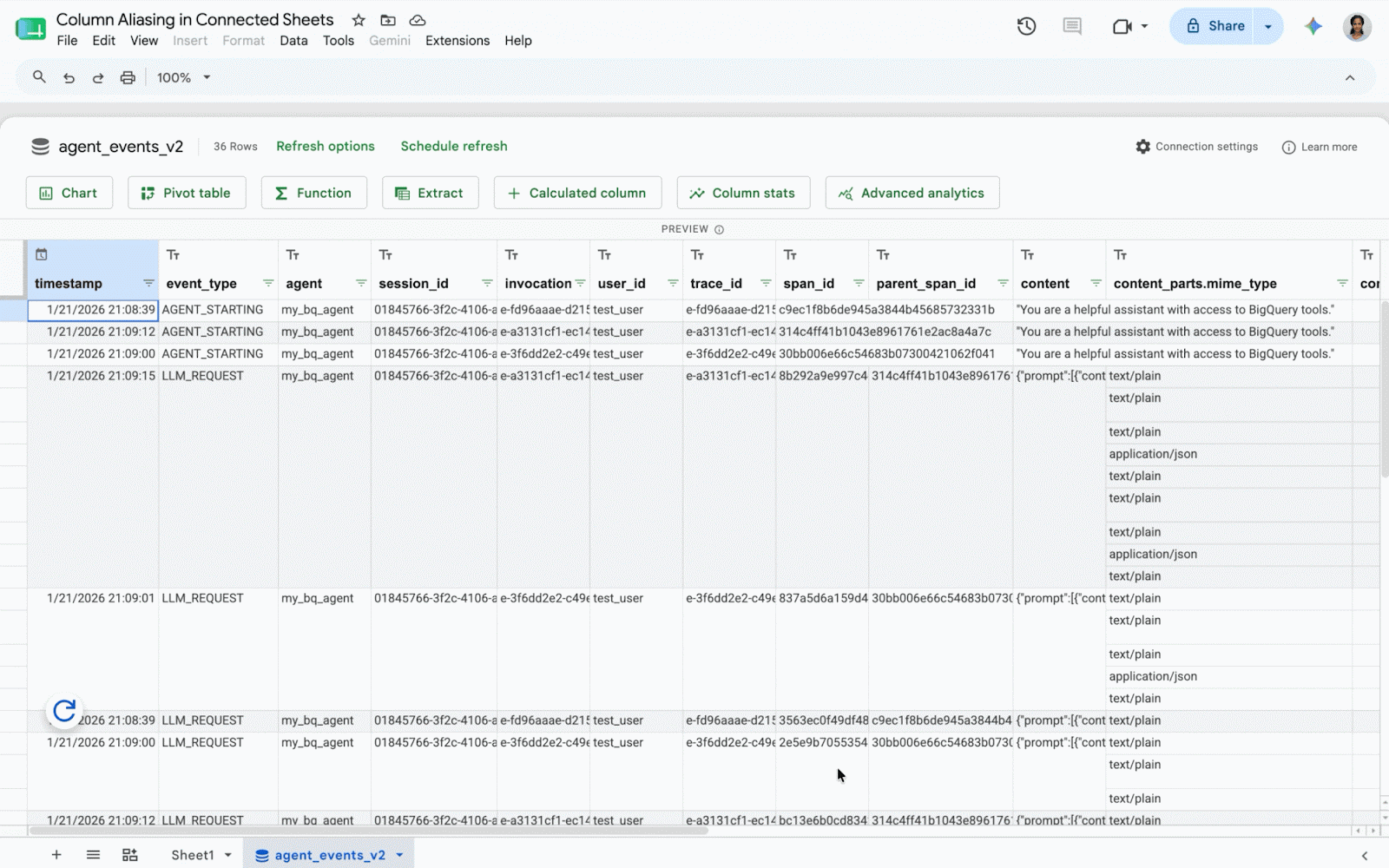 Column aliasing in Connected Sheets