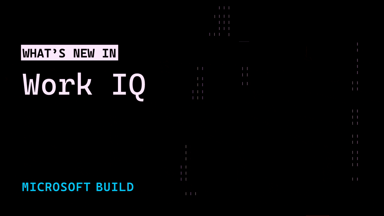 Animation with the text "What's New in Work IQ" and "Microsoft Build" on a black background, alongside colorful vertical and rectangular abstract blocks in pink, orange, yellow, red, blue, and purple