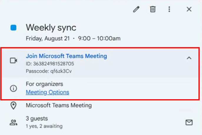 Google Calendar showing structured join button for third-party meetings